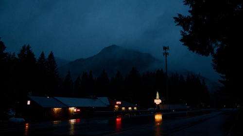 Picture of a restaurant at night.